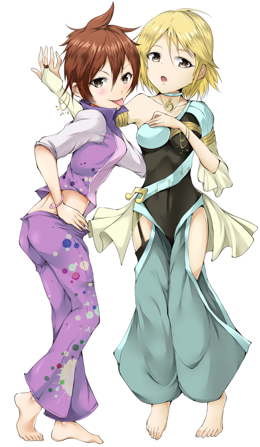 bad_id bad_pixiv_id baggy_pants barefoot beamed_eighth_notes bellbottoms blonde_hair bob_cut bracelet bridal_gauntlets brown_hair choker feet full_body gold_trim highres hip_vent idolmaster idolmaster_cinderella_girls jacket jewelry looking_at_viewer midriff multiple_girls musical_note pants short_hair solru spiked_hair standing tiptoes tongue transparent_background umeki_otoha yoshioka_saki