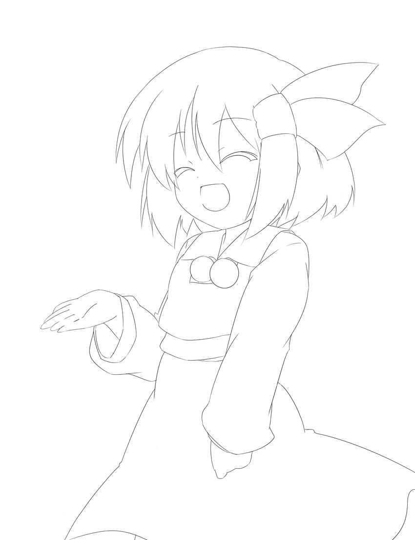 absurdres closed_eyes flat_chest greyscale highres lineart monochrome oka_(bananashoe) open_mouth rumia short_hair smile solo touhou