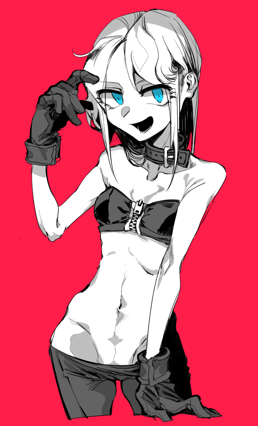 1girl blue_eyes breasts collar female gloves groin gudobe navel open_mouth original pants_pull red_background small_breasts solo spot_color zipper