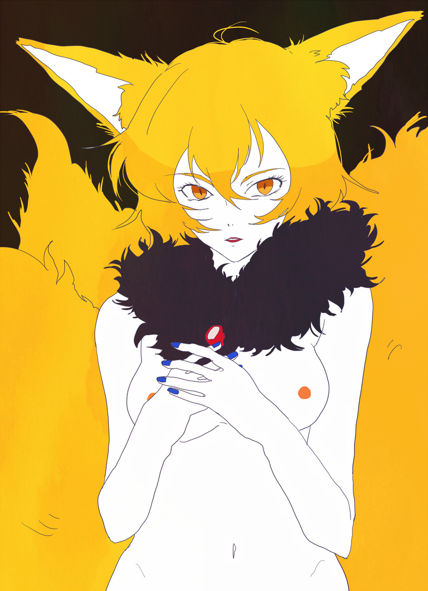 animal_ears bad_id bad_pixiv_id black_background blonde_hair breasts fox_ears fox_tail fur highres looking_at_viewer medium_breasts multiple_tails navel nipples nude out-of-frame_censoring short_hair solo surumeri_(baneiro) tail touhou yakumo_ran yellow_eyes