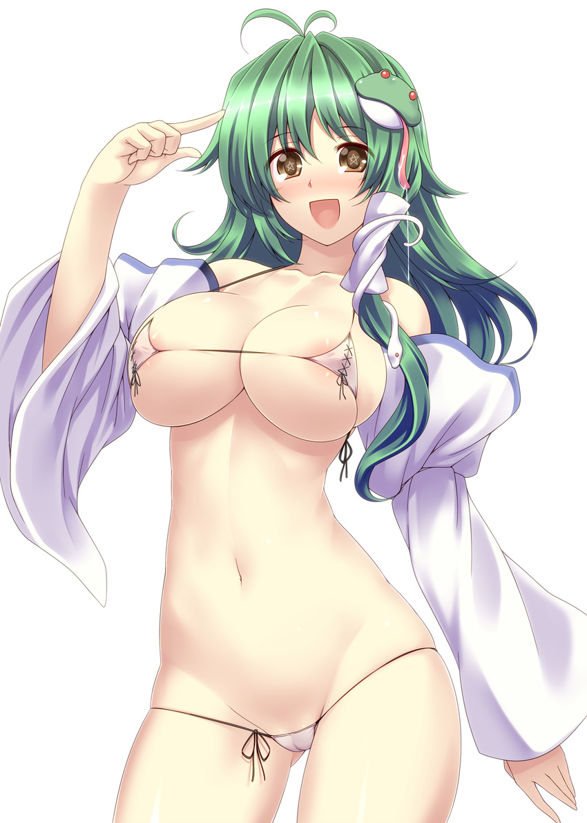 :d areola_slip areolae bikini blush breasts cameltoe cleavage drooling frog_hair_ornament full-face_blush green_hair groin hair_ornament highres kochiya_sanae large_breasts long_hair long_tongue lowleg lowleg_panties micro_bikini navel open_mouth panties saliva shiny shiny_skin skindentation smile snake_hair_ornament solo star strap_gap string_panties swimsuit symbol-shaped_pupils tongue touhou tro underwear