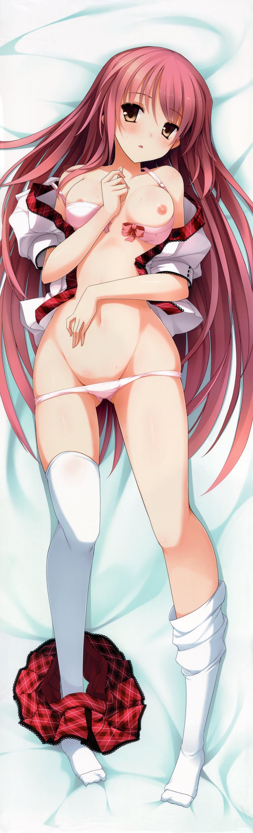 absurdres bed bed_sheet blush bow bow_bra bra bra_pull breasts brown_eyes collarbone dakimakura from_above full_body highres huge_filesize imouto_no_katachi legs long_hair looking_at_viewer lying medium_breasts mutou_kurihito nipples on_back on_bed open_bra open_clothes open_shirt panties panty_pull pink_bra pink_hair pink_panties plaid plaid_skirt sena_miyuki shirt skirt skirt_around_one_leg solo thighhighs thighhighs_pull underwear white_legwear