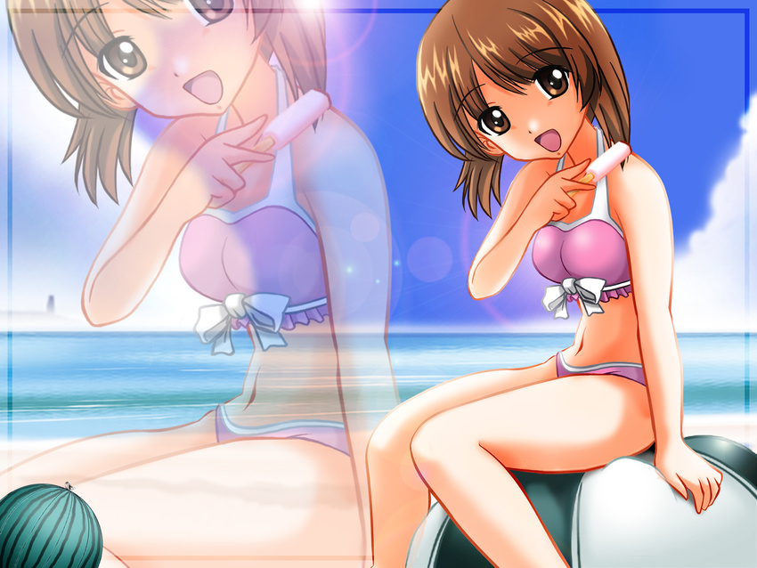 arm_support ball beach beachball bikini blackjunk brown_eyes brown_hair day food fruit girls_und_panzer highres lens_flare looking_at_viewer navel nishizumi_miho open_mouth popsicle short_hair sitting smile solo swimsuit watermelon zoom_layer