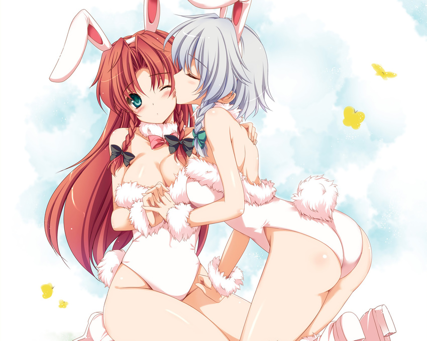 2girls animal_ears blush bunny_ears bunnygirl cleavage hong_meiling izayoi_sakuya moneti_(daifuku) tail touhou yuri