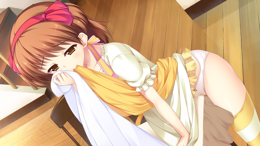 brown_eyes brown_hair crotch_rub game_cg hairband highres lovesick_puppies masturbation mouth_hold panties pussy_juice pussy_juice_stain rozen5 shibasaki_maruna solo striped striped_legwear table_sex thighhighs underwear wet wet_clothes wet_panties white_panties