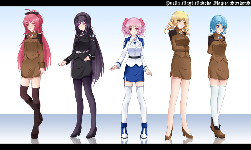 akemi_homura arms_behind_back bad_id bad_pixiv_id belt black_hair black_legwear blonde_hair blue_eyes blue_hair boots dclockwork drill_hair hair_ornament hair_ribbon hairband highres kaname_madoka letterboxed long_sleeves lyrical_nanoha mahou_shoujo_lyrical_nanoha_strikers mahou_shoujo_madoka_magica miki_sayaka military military_uniform multiple_girls necktie pantyhose pencil_skirt pink_eyes pink_hair purple_eyes red_eyes red_hair ribbon sakura_kyouko shoes short_hair short_twintails skirt thighhighs tomoe_mami tsab_air_military_uniform tsab_executive_military_uniform tsab_ground_military_uniform twintails uniform white_legwear yellow_eyes