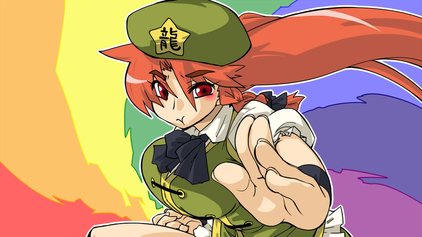 :t blush bow braid breasts chinese_clothes cravat fighting_stance hair_bow hat hong_meiling large_breasts long_hair red_eyes red_hair seki_(red_shine) short_sleeves solo star touhou twin_braids