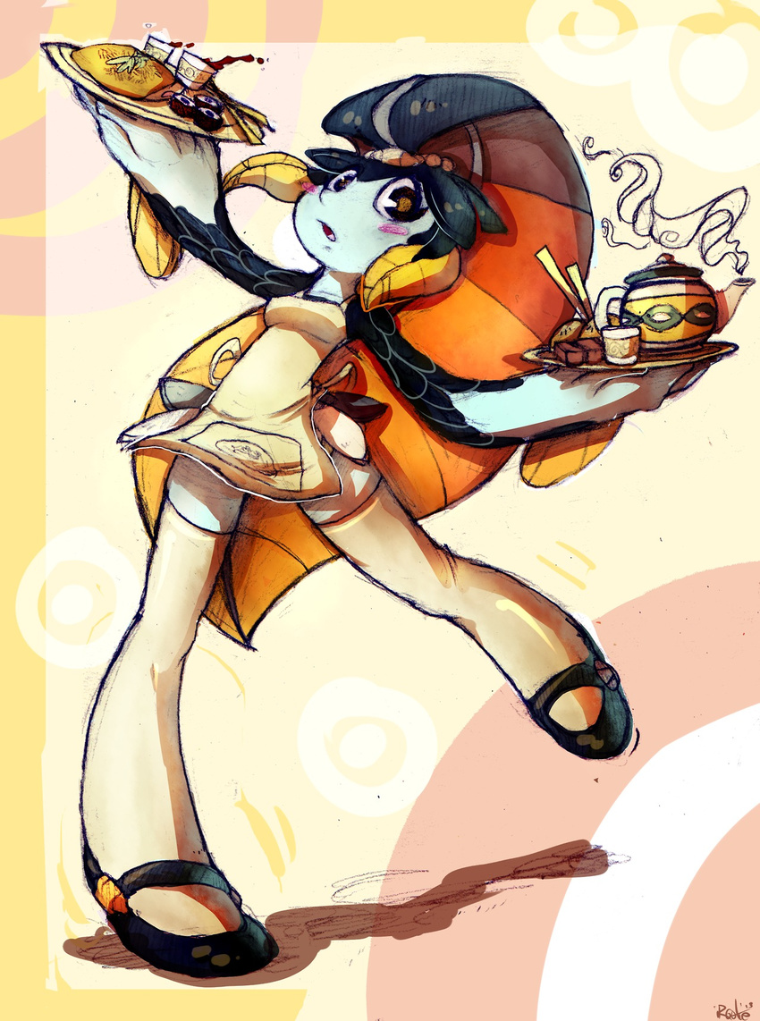 1girl :o apron artist_name blue_skin blush blush_stickers fins fish_girl highres irootie mary_janes minette_(skullgirls) monster_girl motion_lines shoes skullgirls solo standing_on_one_leg sushi tea teapot thighhighs tray yellow_eyes