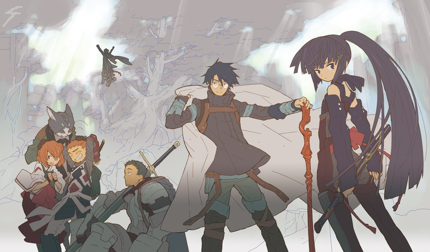 4girls ;d \o/ akatsuki_(log_horizon) armor arms_up bangs blue_hair blunt_bangs braid brown_eyes brown_hair cape cat cloak detached_sleeves gauntlets glasses grey_hair hand_on_another's_head hara_kazuhiro isuzu_(log_horizon) japanese_clothes log_horizon looking_back lunderhaus_cord minori_(log_horizon) monochrome_background multiple_girls naotsugu_(log_horizon) nyanta_(log_horizon) one_eye_closed open_mouth outstretched_arms ponytail purple_hair shiroe short_hair siblings smile staff sword thighhighs touya_(log_horizon) tree twins wakizashi weapon