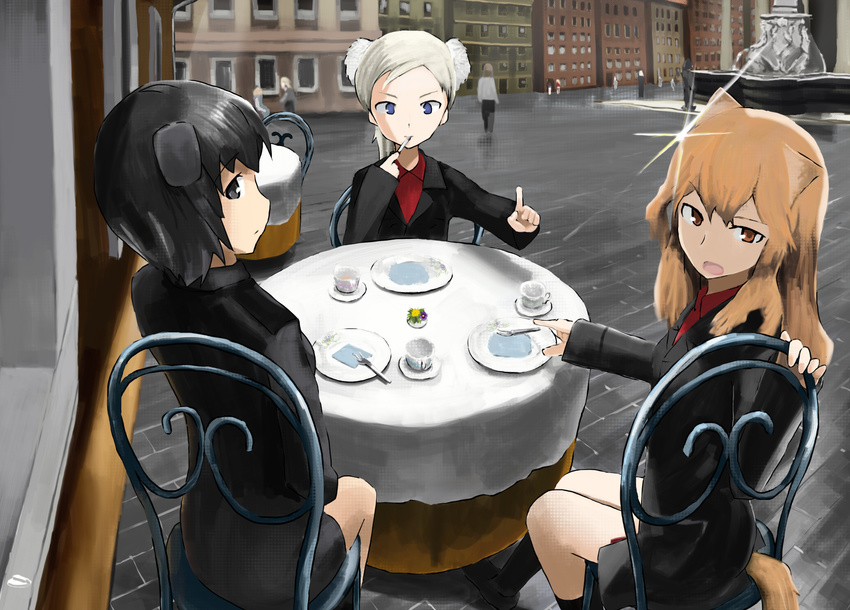 animal_ears bad_id bad_pixiv_id black_hair blue_eyes brown_eyes brown_hair cafe charlotte_e_yeager city cup fernandia_malvezzi fork fountain highres long_hair looking_at_viewer luciana_mazzei martina_crespi military military_uniform miyafuji_yoshika multiple_girls oftaj open_mouth plate short_hair silver_hair sitting strike_witches table tail uniform world_witches_series