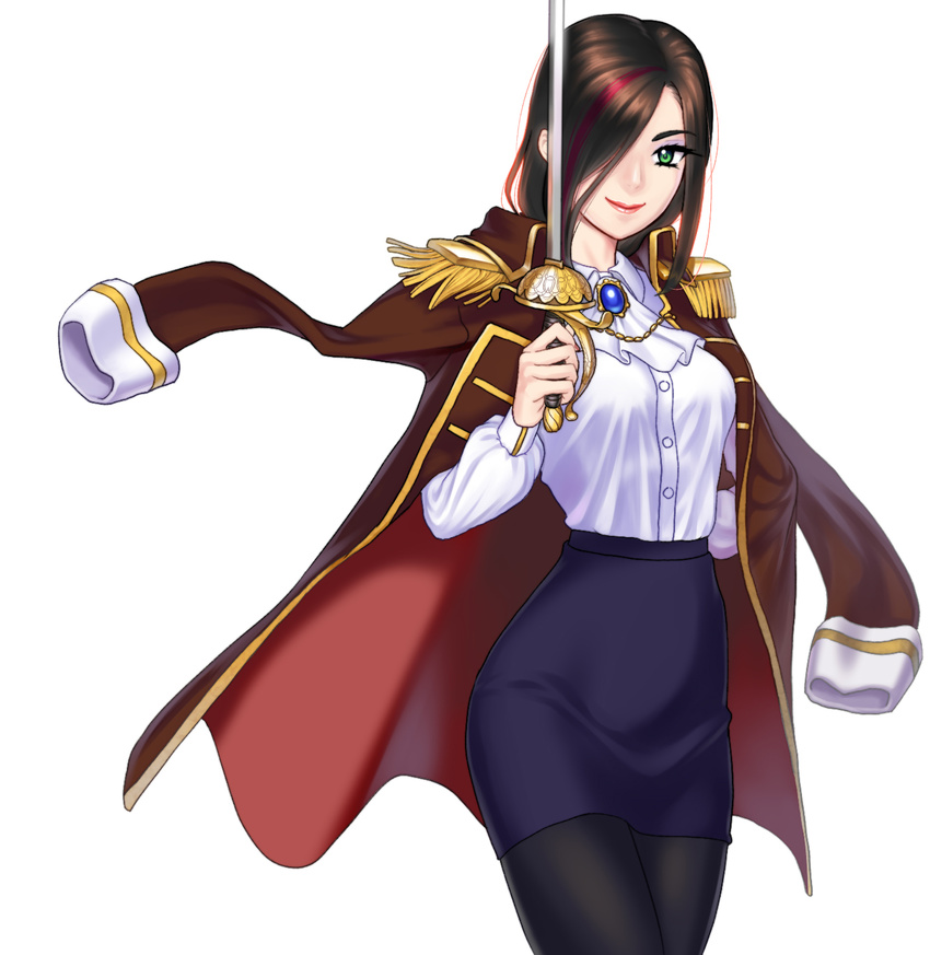 alternate_costume arm_behind_back black_legwear brooch brown_hair epaulettes fiora_laurent green_eyes highres jewelry league_of_legends multicolored_hair pantyhose rapier red_hair royal_guard_fiora smile solo sword weapon ww90055