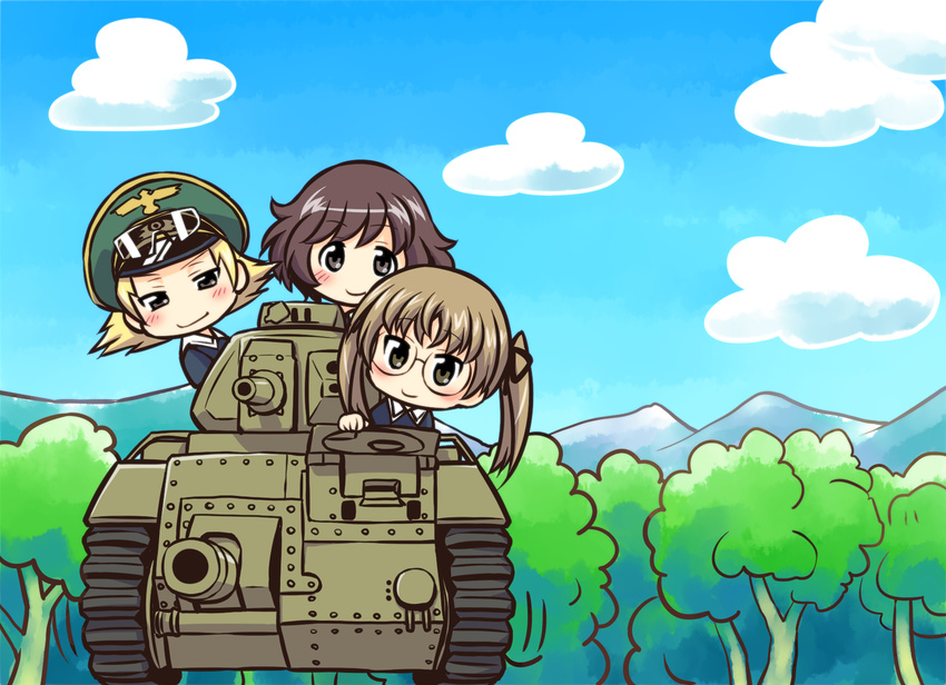 akiyama_yukari blonde_hair blush brown_eyes brown_hair caterpillar_tracks char_b1 chibi cloud day enter_enter_mission! erwin_(girls_und_panzer) girls_und_panzer glasses ground_vehicle hat highres looking_at_viewer messy_hair military military_uniform military_vehicle motor_vehicle mountain multiple_girls ooarai_military_uniform oono_aya peaked_cap short_hair sky smile tank tree twintails uniform yuuki_akira