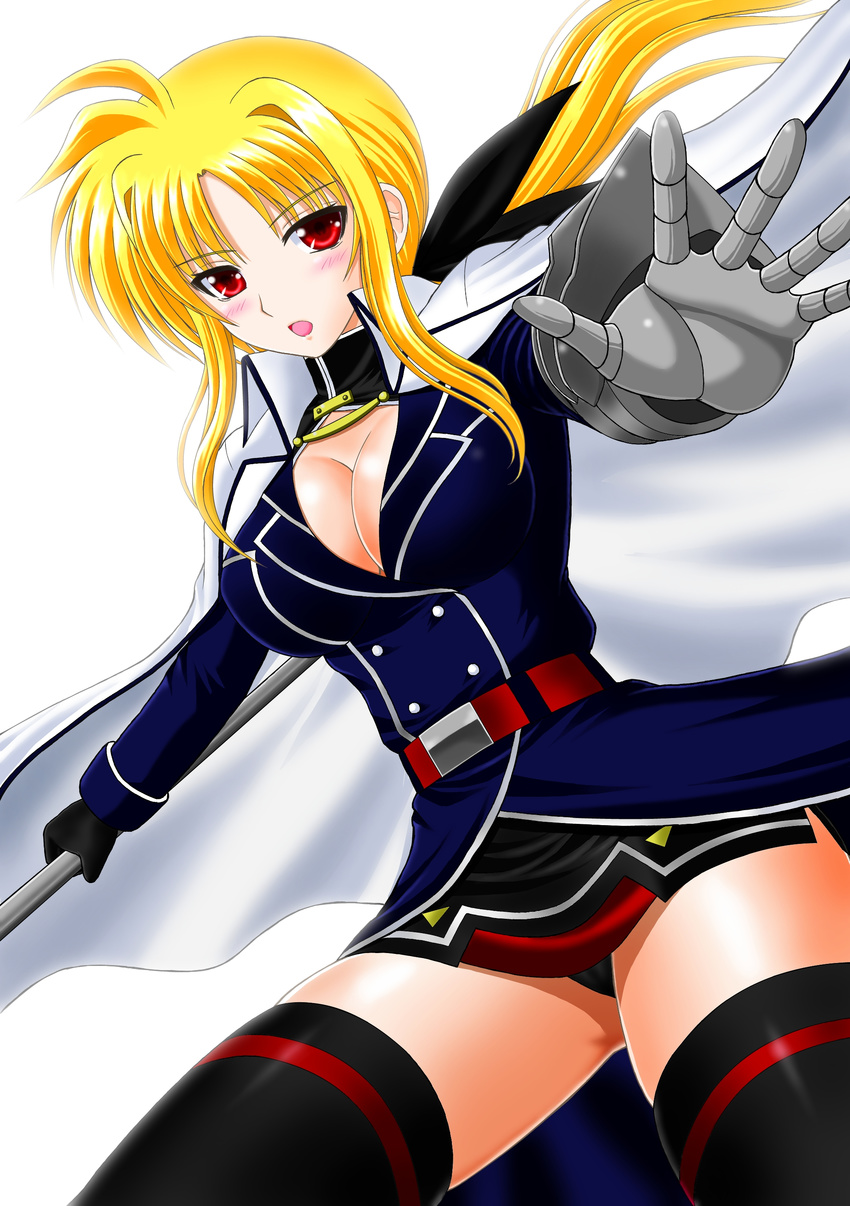 absurdres armor bardiche belt blonde_hair blush breasts cape cleavage fate_testarossa gauntlets gloves hair_ribbon highres kirishima_goro_(55541) large_breasts long_hair long_sleeves lyrical_nanoha mahou_senki_lyrical_nanoha_force open_mouth outstretched_hand panties ponytail red_eyes ribbon skirt solo thighhighs underwear