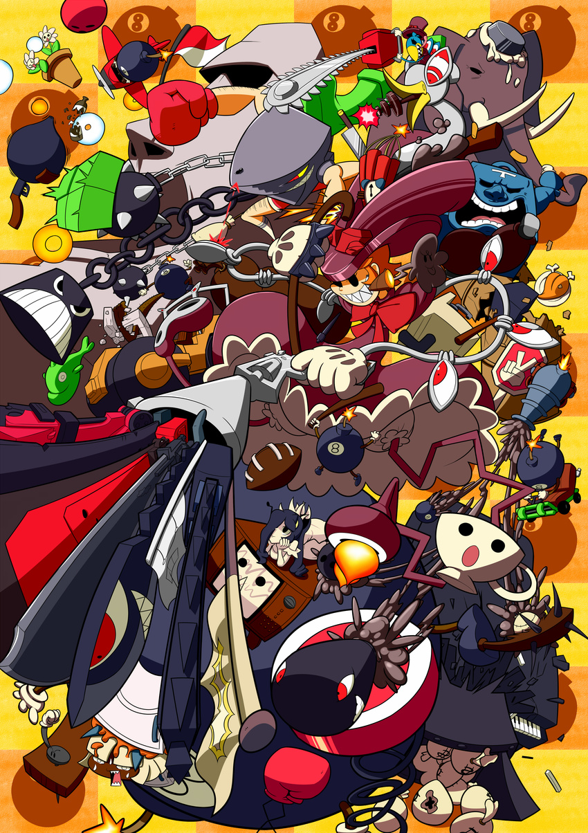 absurdres andy_anvil avery_(skullgirls) ball bird bowling_ball boxing_gloves brass_knuckles cannon chainsaw chicken cup double_(skullgirls) dynamite elephant filia_(skullgirls) fish food football george_the_bomb go_kart gradius gun handgun highres instrument jojo_no_kimyou_na_bouken kuchibashi_(9180) kuribo's_shoe lenny_the_bomb md5_mismatch moai moneybag ms._fortune_(skullgirls) multiple_girls niconico peacock_(skullgirls) piano pie pistol refrigerator revolver safe_(container) samson_(skullgirls) skullgirls spring_(object) steamroller teacup television tetris tommy_ten-tons weapon