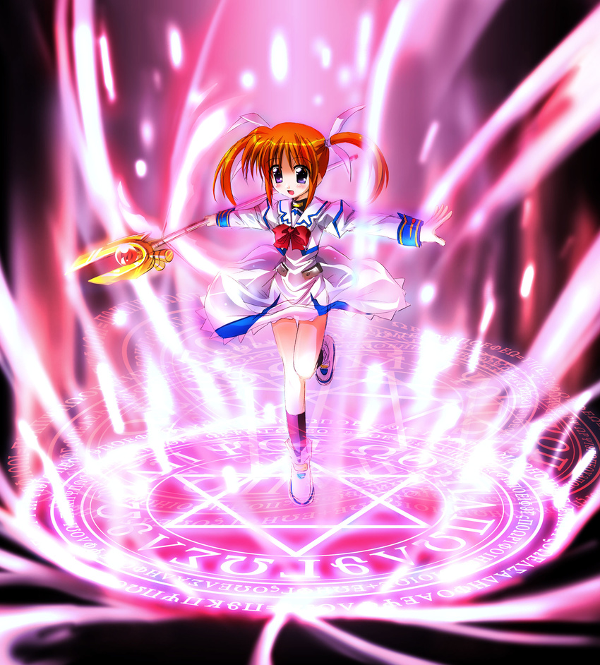 brown_hair hair_ribbon hexagram highres leg_up long_sleeves lyrical_nanoha magic_circle magical_girl mahou_shoujo_lyrical_nanoha mahou_shoujo_lyrical_nanoha_a's open_mouth otoki_raku outstretched_arms purple_eyes raising_heart ribbon shoes skirt solo spread_arms star_of_david takamachi_nanoha twintails