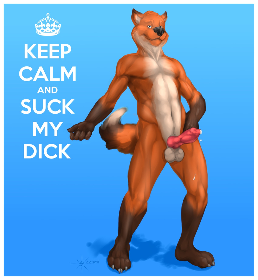 animal_genitalia anthro balls biceps black_nose blue_background blue_eyes brown_fur canine canine_penis claws cum cum_drip cum_string dripping english_text erection fox fur grin knot laser_(artist) leaking looking_at_viewer male mammal muscles nude orange_fur pecs penis plain_background pose precum presenting propaganda sheath smile solo standing text toe_claws toned united_kingdom white_fur world_war_2