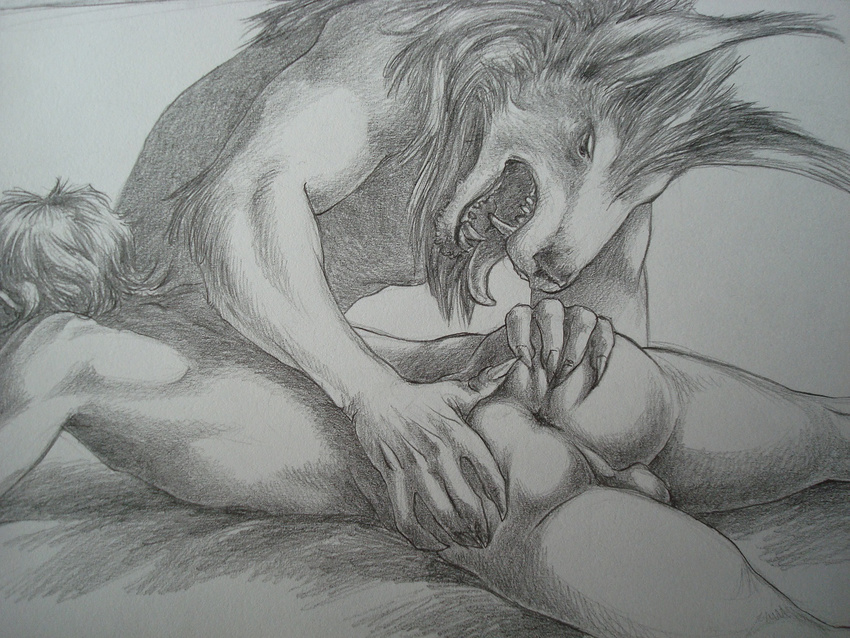 butt butt_grab canine difference ear_tuft fur gay human human_on_anthro interspecies lying male mammal nude on_front on_stomach open_mouth sinistervibe size size_difference spread_butt spreading tongue tongue_out tuft were werewolf