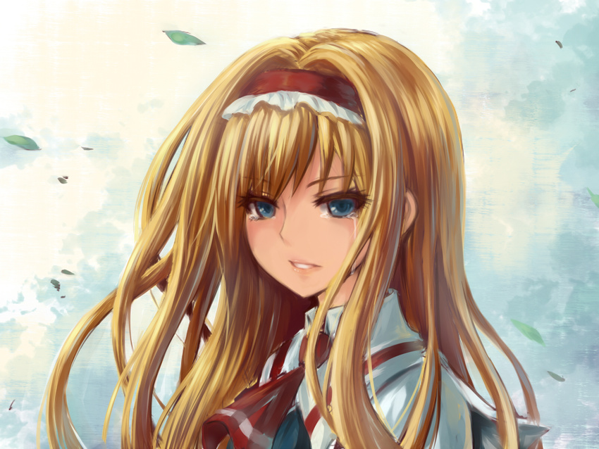 alice_margatroid alternate_hair_length alternate_hairstyle ascot bad_id bad_pixiv_id blonde_hair blue_eyes hairband highres leaf long_hair looking_at_viewer oukawa_yuu parted_lips solo tears touhou upper_body