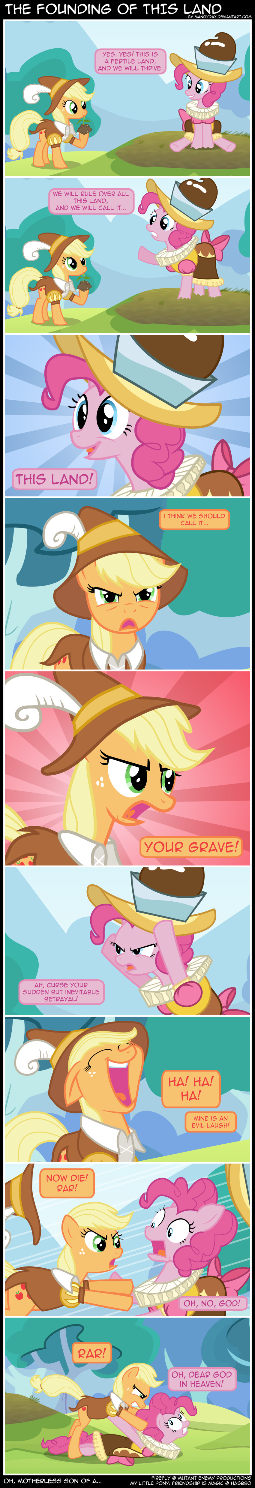 applejack_(mlp) blonde_hair blue_eyes chancellor_puddinghead_(mlp) clothing comic cosplay costume cutie_mark dirt duo english_text equine female feral firefly_(series) friendship_is_magic fur green_eyes hair hat horse laugh mammal mandymax my_little_pony orange_fur outside parody pink_fur pink_hair pinkie_pie_(mlp) pony smart_cookie_(mlp) text
