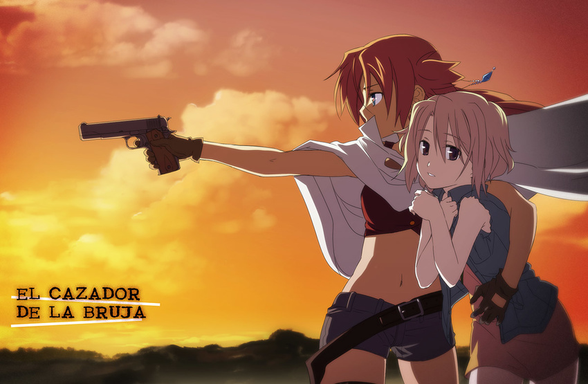 blonde_hair brown_eyes cape cloud copyright_name el_cazador_de_la_bruja ellis_(el_cazador_de_la_bruja) finger_on_trigger gloves gun handgun hug long_hair m1911 midriff multiple_girls nadie navel outstretched_arm purple_eyes red_hair short_hair shorts sky sleeveless sunset tsuta_no_ha weapon