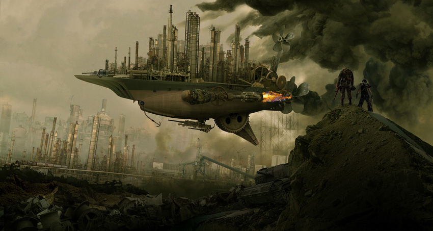 absurd_res artwork brown_theme city cityscape detailed detailed_background factory female fire garbage hd hi_res human inquination male mammal not_furry original rhysgriffiths smog smoke steampunk vehicle wallpaper