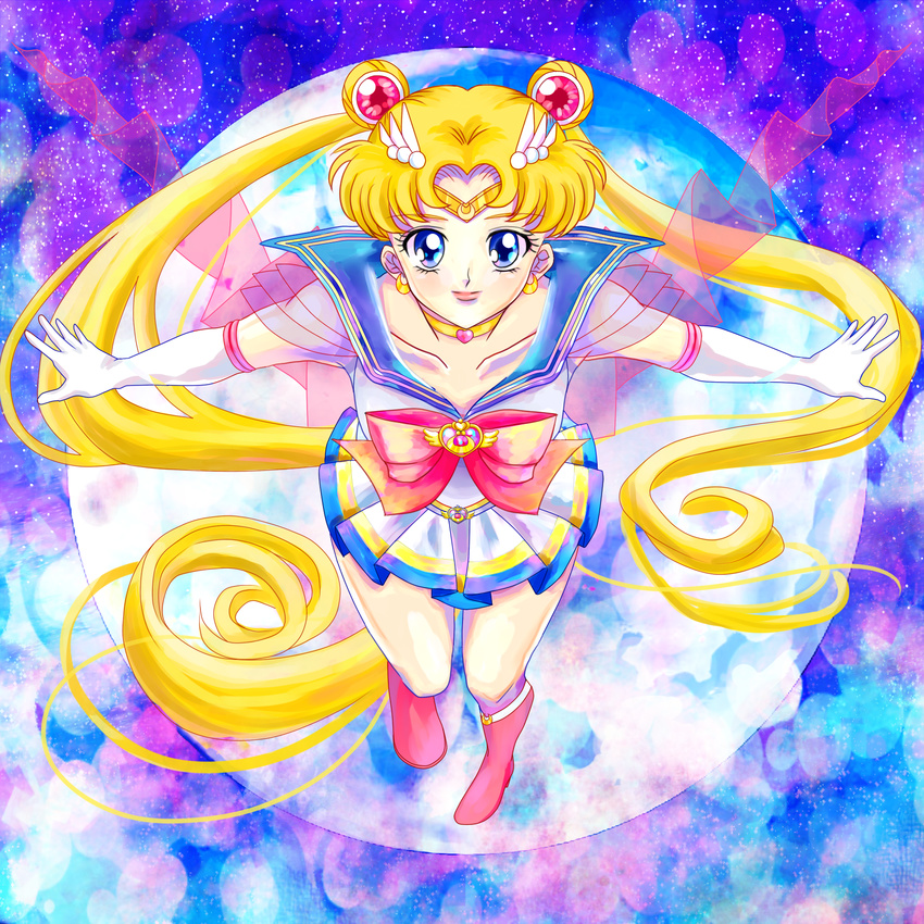 back_bow bad_id bad_pixiv_id bishoujo_senshi_sailor_moon blonde_hair blue_eyes blue_sailor_collar boots bow brooch choker double_bun earrings elbow_gloves full_body gloves hair_ornament hairpin heart heart_choker highres jewelry knee_boots long_hair magical_girl multicolored multicolored_clothes multicolored_skirt outstretched_arms pleated_skirt ponsu_(ponzuxponzu) red_bow ribbon sailor_collar sailor_moon sailor_senshi_uniform skirt smile solo spread_arms super_sailor_moon tiara tsukino_usagi twintails white_gloves