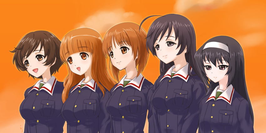 akiyama_yukari blush breasts brown_hair girls_und_panzer hairband highres isuzu_hana jacket long_hair medium_breasts military military_uniform multiple_girls nishizumi_miho ooarai_military_uniform open_mouth rasukaru reizei_mako short_hair smile takebe_saori uniform