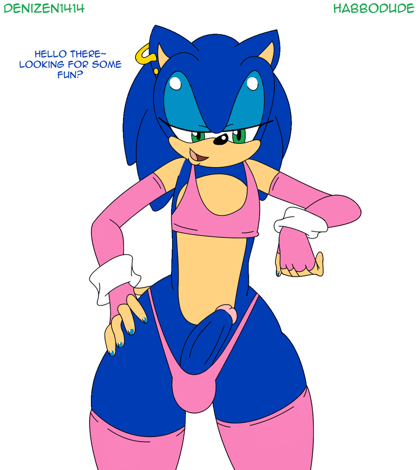 blue_hair bulge clothed clothing denizen1414 ear_piercing english_text erection girly green_eyes habbodude hair hedgehog looking_at_viewer male mammal penis piercing sega skimpy sonic_(series) sonic_the_hedgehog text thong