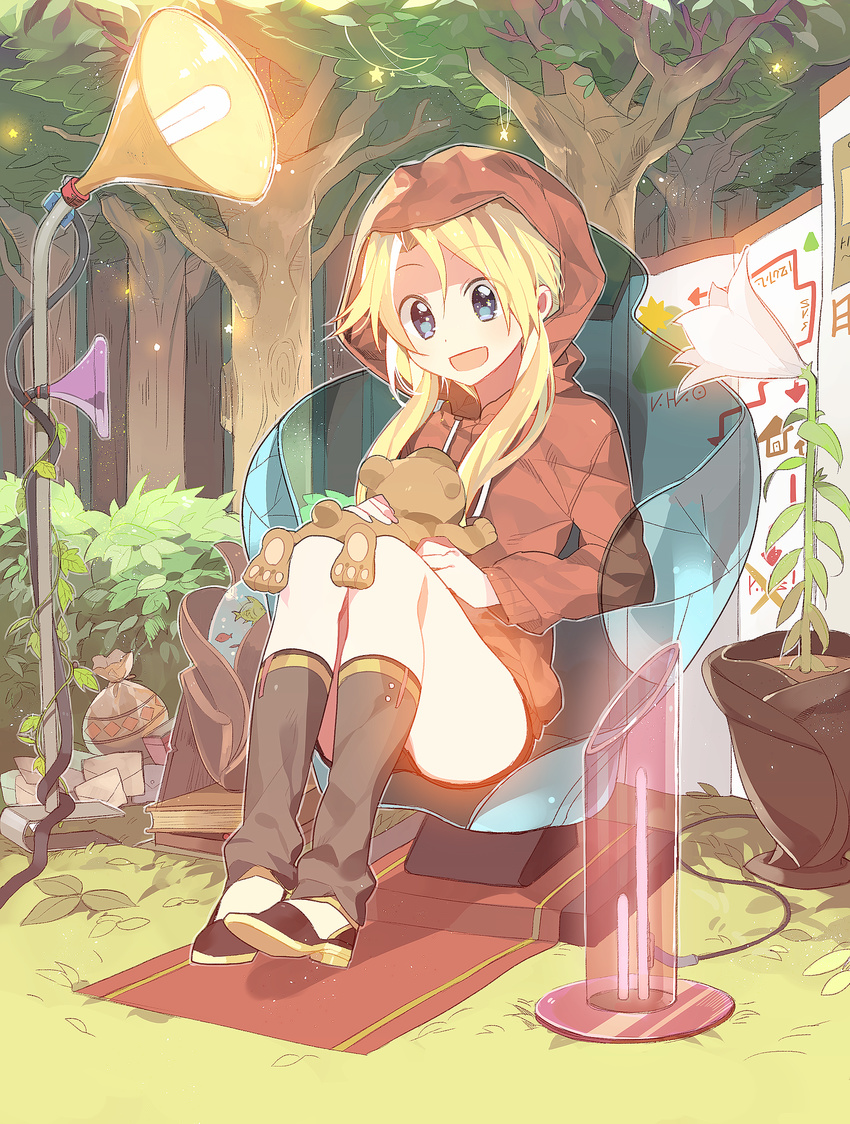 absurdres bad_id bad_pixiv_id bag blonde_hair blue_eyes fish flower forest highres hood long_hair nature open_mouth original sennen_suisei sitting solo star stuffed_animal stuffed_toy