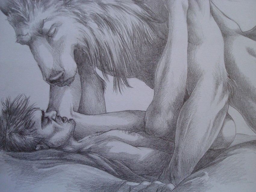 canine difference duo gay human human_on_anthro interspecies lying male mammal missionary_position on_back sex sinistervibe size size_difference were werewolf