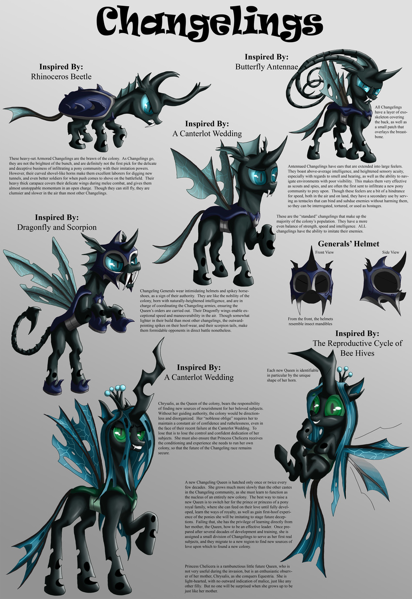 absurd_res arachnid armor arthropod beetle blue_eyes butterfly cat_eyes changeling design dragonfly english_text fangs female feral friendship_is_magic green_eyes helmet hi_res holes horn insect male my_little_pony queen_chrysalis_(mlp) scorpion slit_pupils starbat text wings