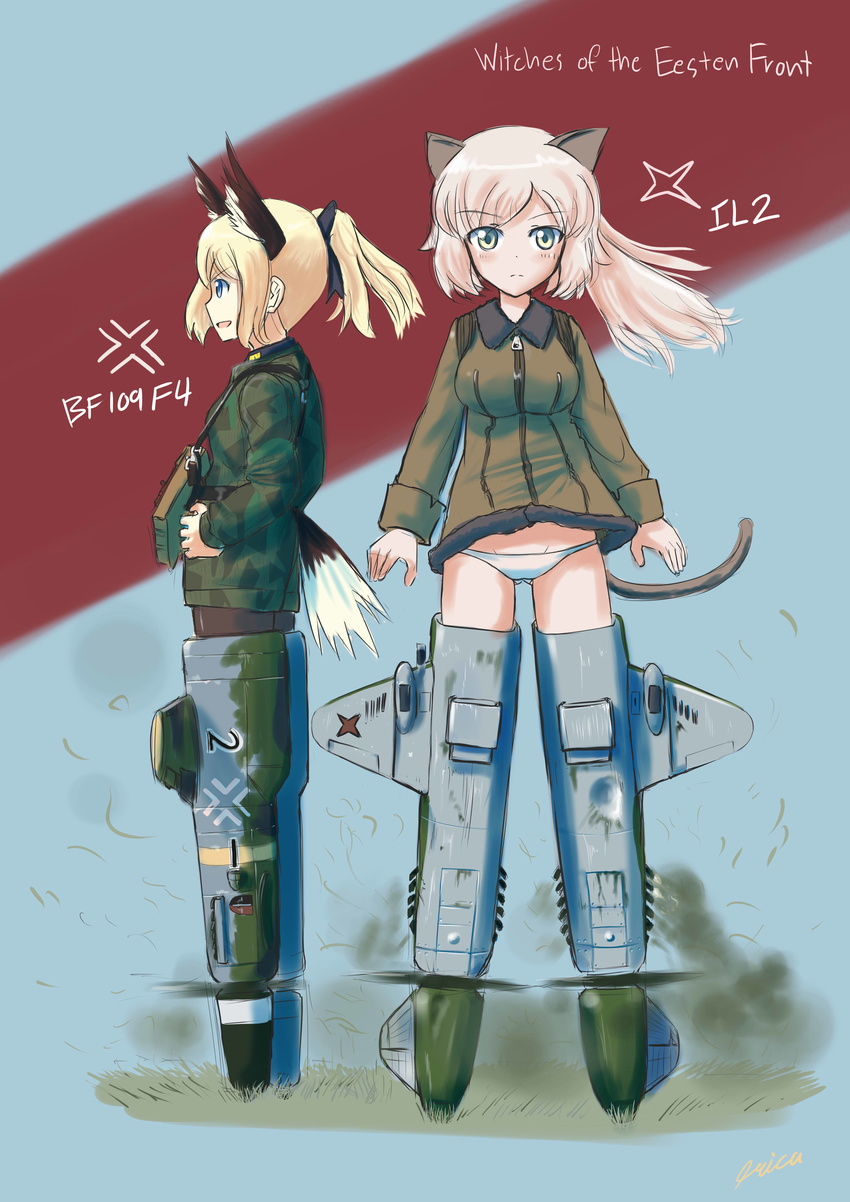 absurdres animal_ears artist_name blonde_hair blue_eyes bow erica_(naze1940) exhaust green_eyes hair_bow head_wings highres long_hair military military_uniform multiple_girls open_mouth original pantyhose pink_hair ponytail striker_unit tail uniform world_witches_series