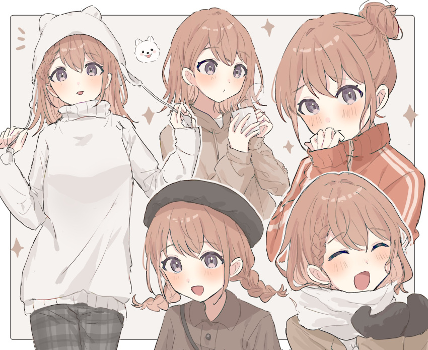 1girl ^_^ alternate_costume beanie black_headwear black_mittens blush border braid brown_hair brown_hoodie brown_shirt casual closed_eyes closed_mouth cup grey_eyes grey_pants hanasato_minori hat highres holding holding_cup hood hoodie jacket long_sleeves looking_at_viewer medium_hair mittens notice_lines open_mouth pants plaid plaid_pants project_sekai red_jacket seijyohu shirt simple_background sweater track_jacket twin_braids white_border white_sweater