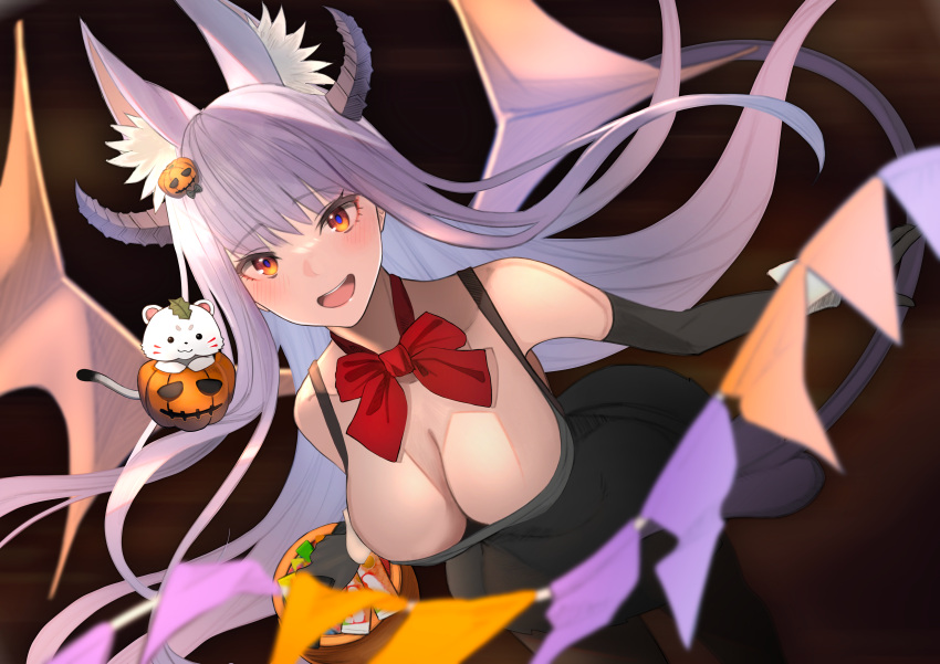 1girl :d absurdres animal_ear_fluff animal_ears bare_shoulders black_dress black_gloves blush bow breasts cleavage demon_horns demon_tail dress elbow_gloves fox_ears gloves hair_ornament halloween halloween_costume highres horns indie_virtual_youtuber jack-o'-lantern kamishiro_natsume kitsune large_breasts long_hair looking_at_viewer open_mouth orange_eyes purple_hair red_bow sleeveless sleeveless_dress smile solo tail teeth upper_teeth_only virtual_youtuber wings yuuhi_(yuuvi83)
