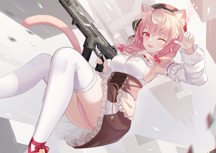 1girl ;d abstract_background ahoge animal_ear_fluff animal_ears armpits assault_rifle beret between_legs breasts brown_headwear brown_skirt cat_ears cat_girl cat_tail commentary_request commission cross-laced_clothes cross-laced_skirt detached_sleeves feet_out_of_frame fingernails frilled_skirt frilled_sleeves frills grey_background gun hair_ribbon hand_up hat high-waist_skirt holding holding_gun holding_weapon indie_virtual_youtuber izumiya_konomi large_breasts long_hair long_sleeves looking_at_viewer mirufuaa one_eye_closed open_mouth pink_eyes pink_hair pink_ribbon pink_tail pointing ribbon rifle second-party_source shirt sideboob skeb_commission skirt sleeveless sleeveless_shirt smile solo tail tail_between_legs tail_censor thighhighs twintails underbust virtual_youtuber weapon white_shirt white_sleeves white_thighhighs