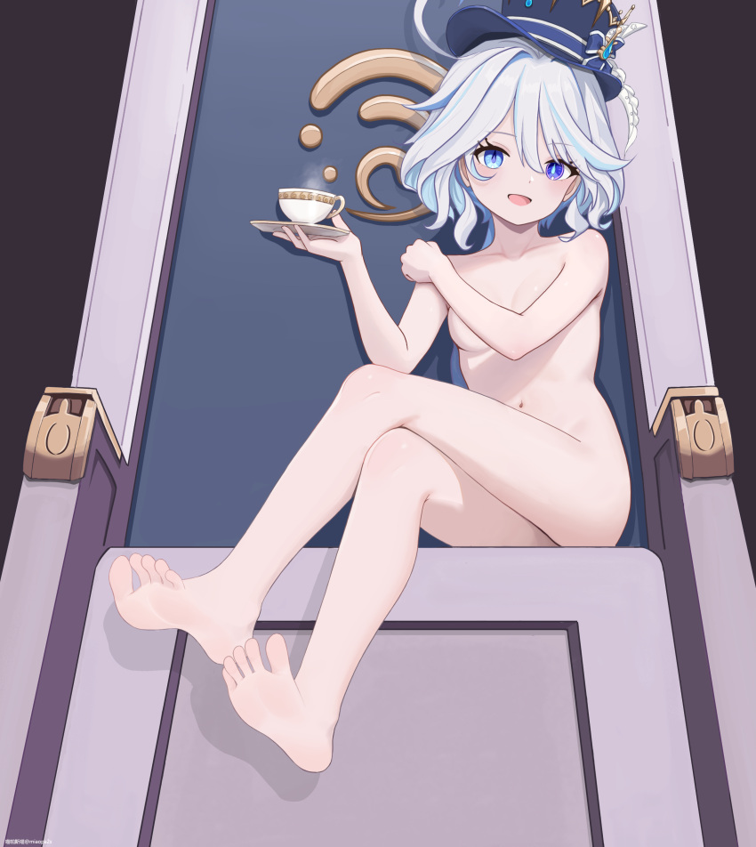 1girl absurdres ahoge blue_eyes blue_hair blue_headwear breasts covering_breasts covering_privates crossed_legs cup drop-shaped_pupils feet furina_(genshin_impact) genshin_impact hair_between_eyes hat heterochromia highres holding holding_saucer legs light_blue_hair looking_at_viewer medium_hair miaopa2s mismatched_pupils multicolored_hair navel nude open_mouth saucer sidelocks sitting small_breasts smile solo steam stomach streaked_hair teacup thighs toes top_hat two-tone_hair