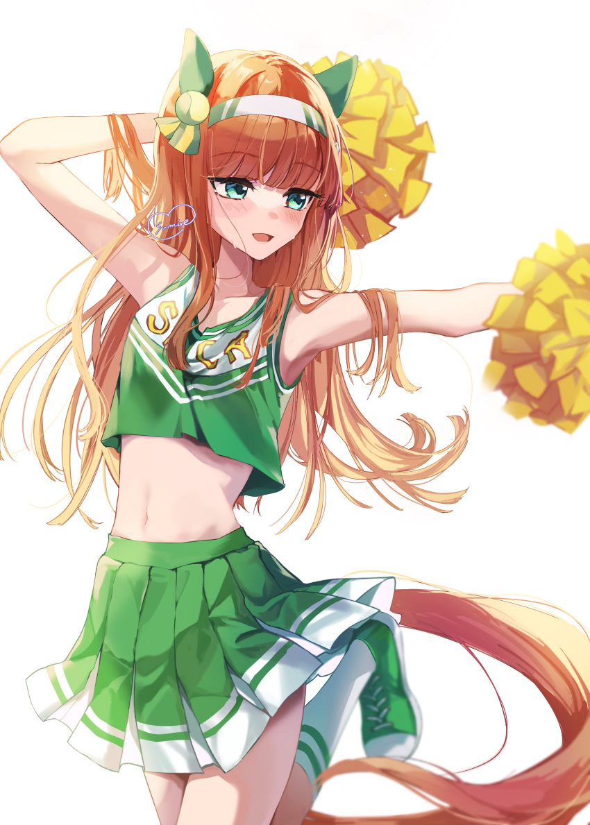 1girl absurdres alternate_costume animal_ears arm_up armpits blue_eyes blunt_bangs blush cheerleader collarbone commentary_request ear_covers hair_ornament highres hime_cut horse_ears horse_girl horse_tail leg_up midriff navel open_mouth orange_hair shoes silence_suzuka_(umamusume) simple_background solo ssmn_sumire sweat tail umamusume white_background