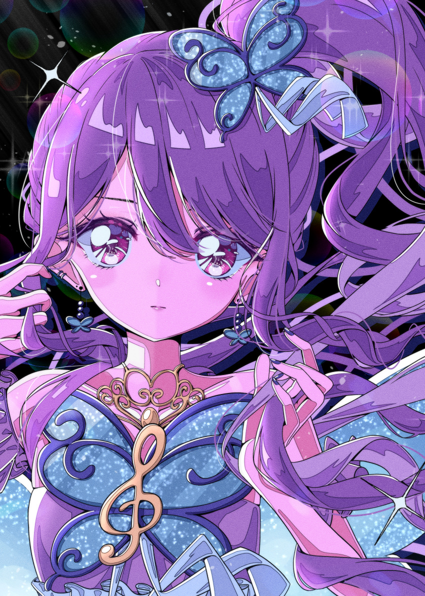 1girl absurdres bare_shoulders black_background blue_wings blush bug butterfly butterfly_earrings butterfly_hair_ornament butterfly_wings closed_mouth commentary_request earrings hair_between_eyes hair_ornament hands_in_hair hands_up highres holding holding_hair idol_clothes insect_wings jewelry junon_(pripara) long_hair looking_at_viewer milon_cas nail_polish pink_eyes pretty_series pripara purple_hair retro_artstyle side_ponytail sidelocks solo sparkle treble_clef upper_body wings