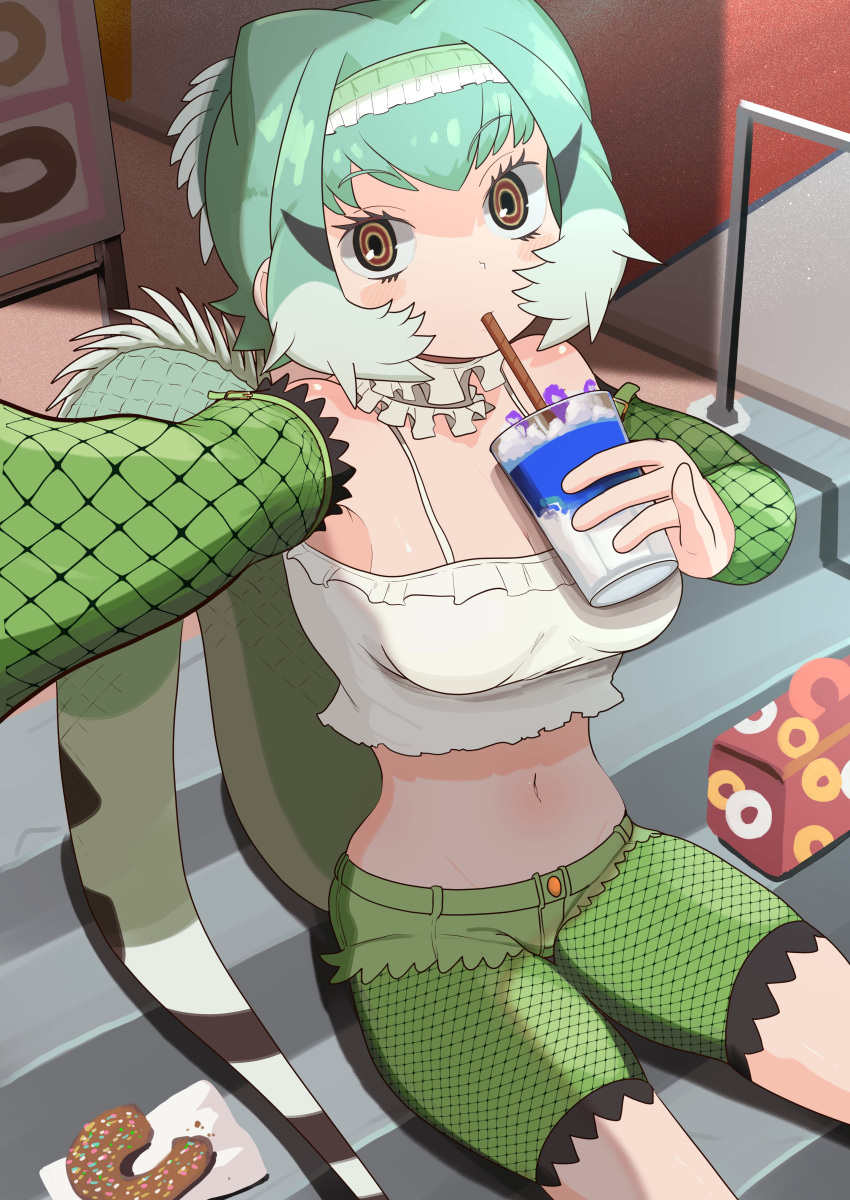 1girl absurdres animal_print arm_up bike_shorts bike_shorts_under_shorts black_hair blush_stickers breasts buttons chinese_water_dragon_(kemono_friends) choker cup detached_sleeves doughnut drink drinking drinking_glass drinking_straw drinking_straw_in_mouth eyelashes food foreshortening frilled_choker frilled_hairband frills green_hair green_shorts hairband hand_up highres holding holding_cup kemono_friends lizard_tail medium_breasts medium_hair midriff multicolored_eyes multicolored_hair navel on_stairs ookii_yama outstretched_arm pinky_out print_shorts print_sleeves railing red_eyes ringed_eyes short_shorts shorts sitting sitting_on_stairs solo stairs stomach stone_stairs tail yellow_eyes
