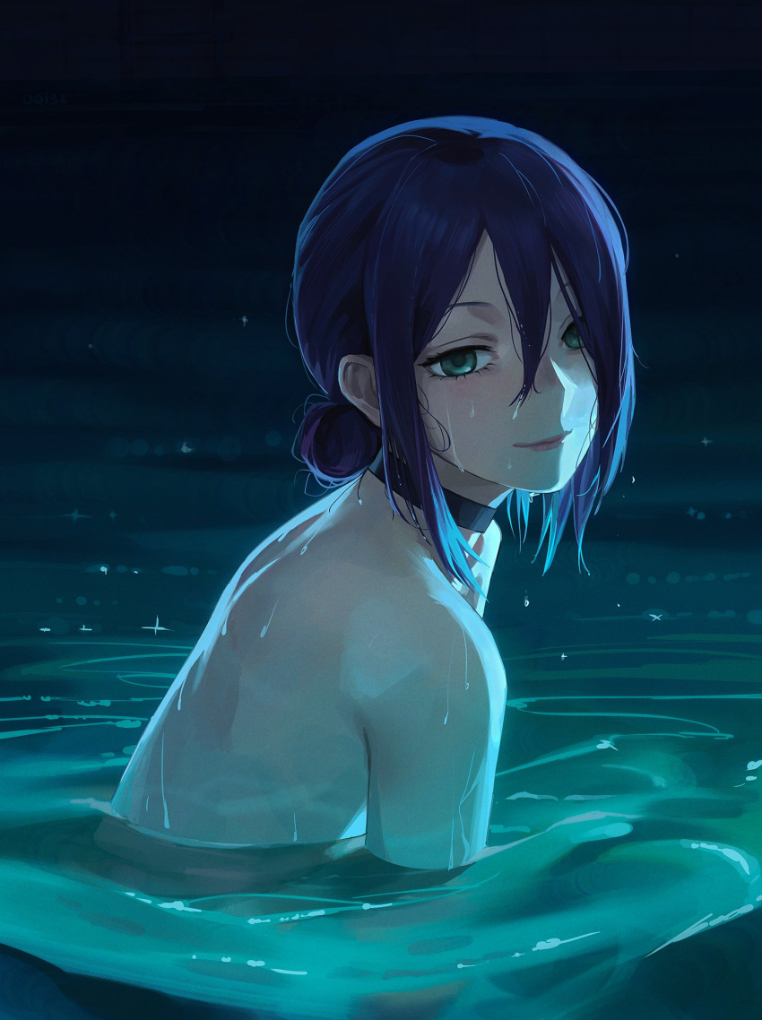 1girl black_choker blush chainsaw_man choker commentary english_commentary green_eyes hair_between_eyes hair_bun highres in_water looking_at_viewer medium_hair nude purple_hair reze_(chainsaw_man) single_hair_bun smile solo uqi32 water water_drop wet wet_hair