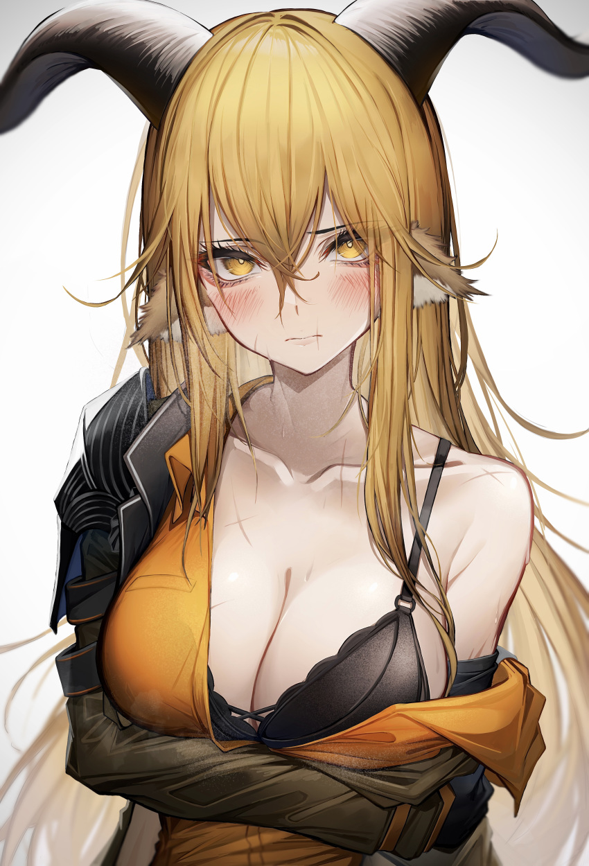 1girl absurdres animal_ears arknights black_bra blonde_hair blush bra breasts brown_jacket cleavage closed_mouth collarbone commentary_request degenbrecher_(arknights) eyelashes goat_ears goat_girl goat_horns hair_between_eyes highres horns jacket long_hair looking_at_viewer open_clothes open_shirt orange_shirt scar scar_on_face scar_on_mouth scar_on_shoulder shirt simple_background solo tab_head underwear upper_body white_background yellow_eyes