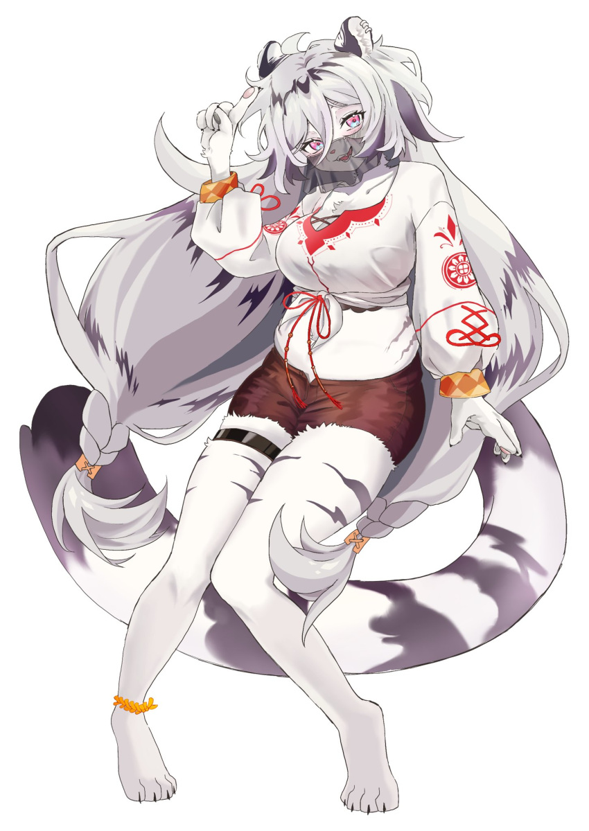 1girl animal_ears barefoot blush braid breasts brown_shorts cleavage commentary_request crop_top fujimaki_2uxu full_body furry furry_female grey_hair hannah_(mahjong_soul) heel_up highres index_finger_raised large_breasts long_hair long_sleeves looking_at_viewer low-tied_long_hair mahjong_soul midriff mouth_veil open_fly open_mouth pink_eyes plump red_ribbon ribbon shirt short_shorts shorts simple_background sleeve_ribbon smile solo standing striped_hair tail thigh_strap tied_shirt tiger_ears tiger_girl tiger_tail veil very_long_hair white_background white_shirt