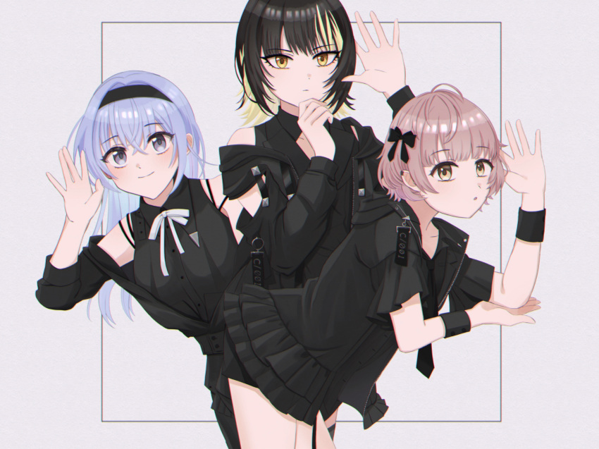 3girls arm_cutout black_hair black_hairband black_jacket black_ribbon black_shirt blonde_hair blue_hair cometik_(idolmaster) hairband hand_on_own_chin hand_up highres hood hooded_jacket idolmaster idolmaster_shiny_colors idolmaster_shiny_colors_song_for_prism ikaruga_luca ikuta_haruki jacket jacket_partially_removed light_brown_hair looking_at_viewer multicolored_hair multiple_girls open_clothes open_jacket ribbon shirt simple_background star_grape streaked_hair suzuki_hana wristband