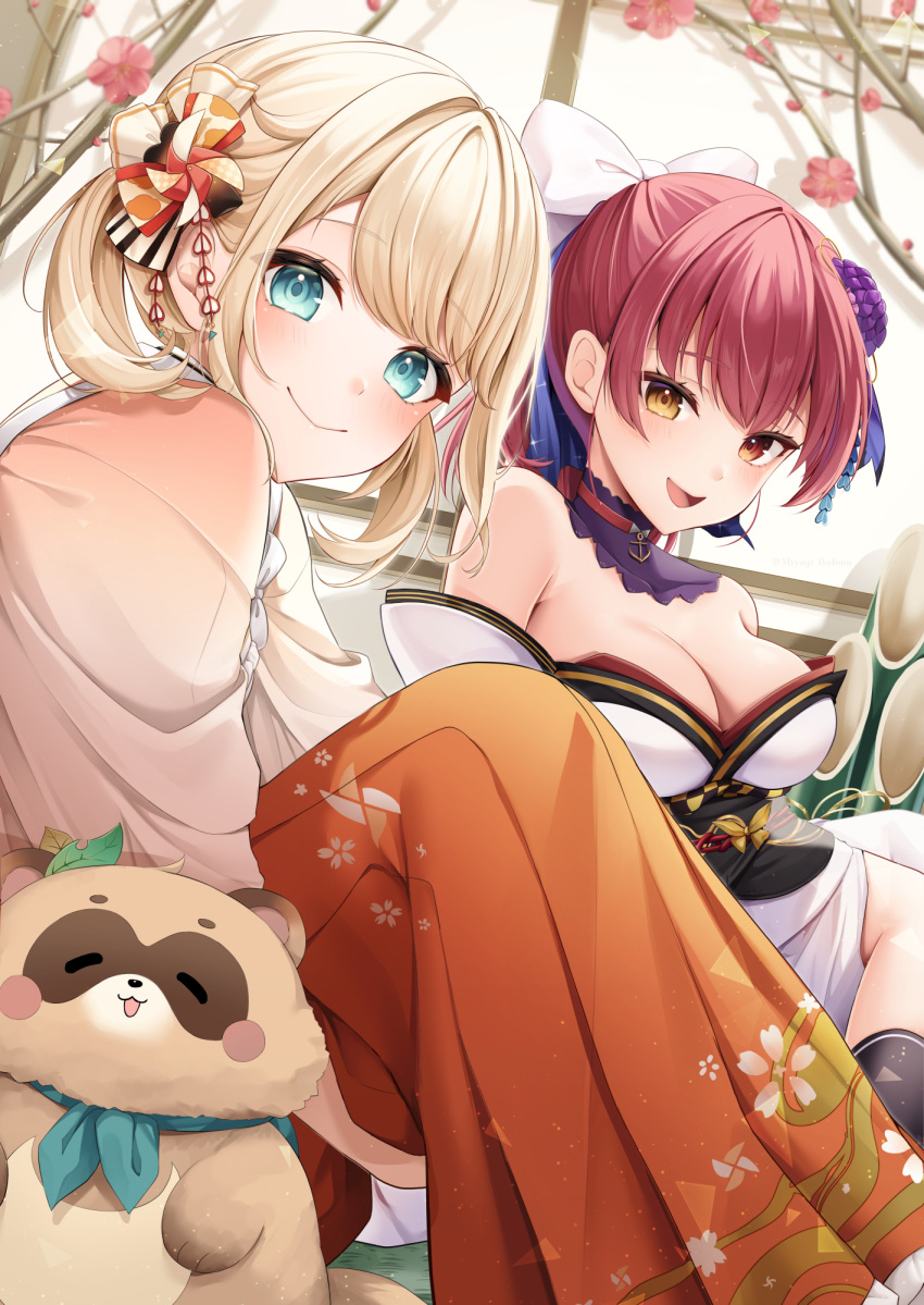2girls aqua_eyes bare_shoulders blonde_hair bow breasts cleavage closed_mouth commentary_request detached_collar flower hair_bow hair_flower hair_ornament hair_ribbon heterochromia highres hololive houshou_marine japanese_clothes kazama_iroha looking_at_viewer medium_breasts miyagi_ratona multiple_girls open_mouth purple_flower red_eyes red_hair ribbon short_hair sitting smile virtual_youtuber white_bow yellow_eyes