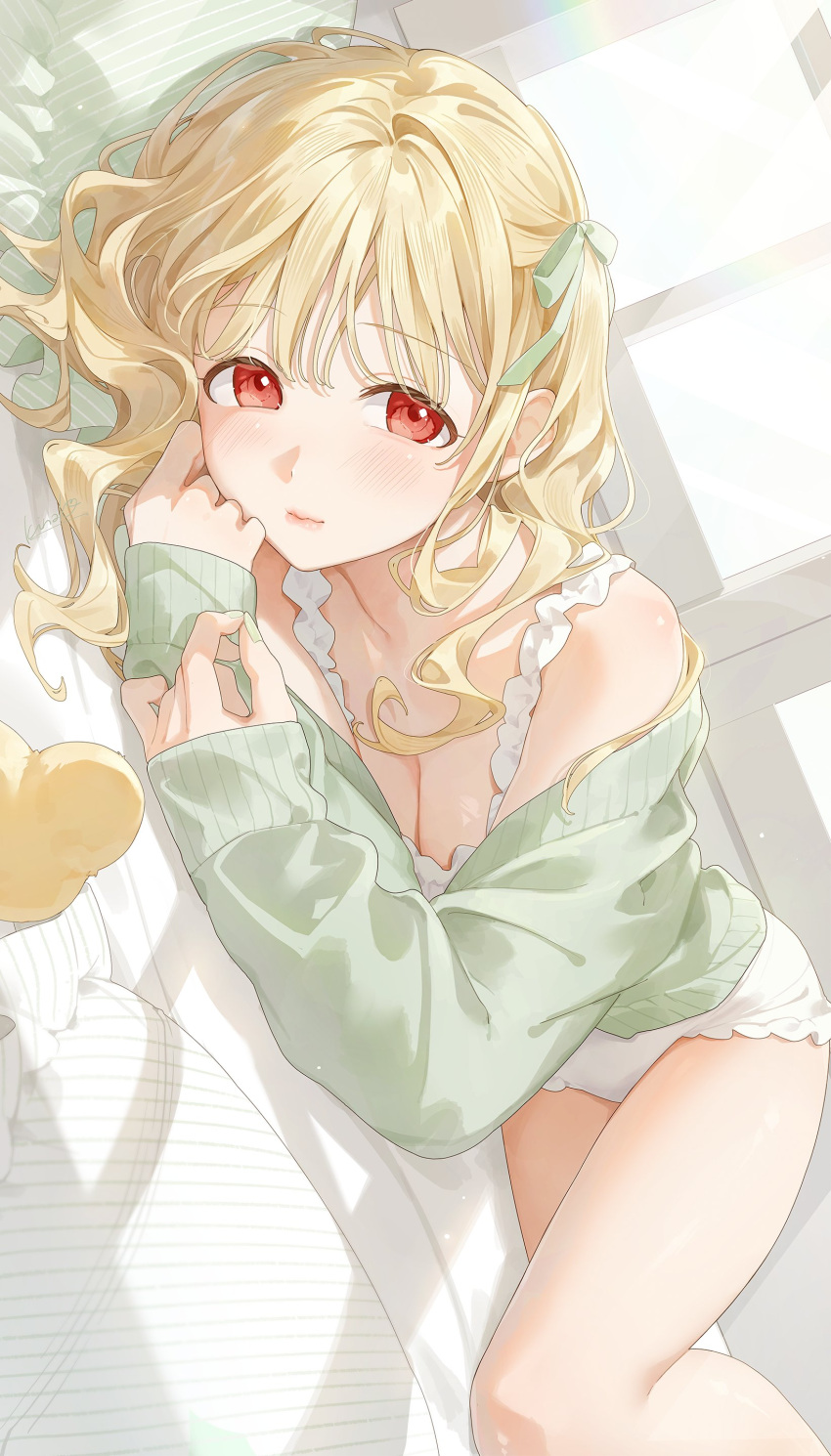 1girl absurdres blonde_hair blush bow breasts cardigan cleavage collarbone crossed_bangs curly_hair green_bow green_cardigan hair_bow highres kinako_(shiratama_mochi) kogara_toto lips long_hair looking_at_viewer lupinus_virtual_games lying off_shoulder on_bed on_side one-piece_swimsuit red_eyes rubber_duck sleeves_past_wrists solo swimsuit virtual_youtuber vspo! white_swimsuit window