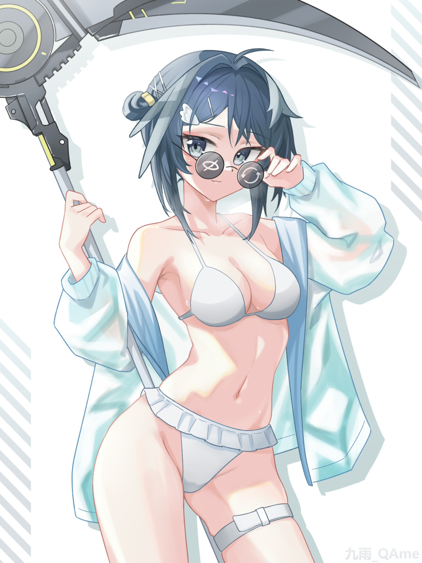 1girl absurdres ahoge arknights bare_shoulders bikini black_hair blue_jacket breasts commentary_request cowboy_shot grey_eyes groin highres jacket jiuyu_qame la_pluma_(arknights) la_pluma_(summer_flowers)_(arknights) long_sleeves looking_at_viewer medium_breasts navel official_alternate_costume open_clothes open_jacket scythe short_hair solo standing stomach swimsuit thigh_strap thighs weapon white_bikini