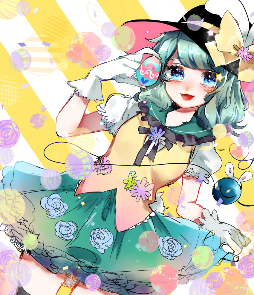 1girl animal_ears aqua_hair black_bow black_bowtie black_headwear black_thighhighs blue_eyes bow bowtie collared_shirt commentary cowboy_shot dutch_angle easter easter_egg egg english_commentary eyelashes floral_print flower frilled_gloves frilled_sailor_collar frilled_skirt frilled_sleeves frills gloves green_sailor_collar green_skirt hat hat_bow hat_flower heart heart_of_string highres holding holding_egg komeiji_koishi lace-trimmed_sleeves lace-trimmed_veil lace_trim light_blush looking_at_viewer medium_hair miniskirt open_mouth petticoat pink_flower puffy_short_sleeves puffy_sleeves purple_flower rabbit_ears red_headwear rose_print sailor_collar shirt short_sleeves skirt skirt_hold smile solo star_(symbol) striped striped_background suzune_hapinesu thighhighs third_eye touhou two-sided_fabric two-sided_headwear two-tone_background v-neck vest white_background white_gloves white_shirt white_sleeves yellow_background yellow_bow yellow_vest zettai_ryouiki