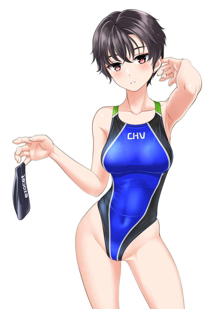 1girl absurdres black_hair black_headwear blue_one-piece_swimsuit breasts brown_eyes collarbone commentary_request competition_swimsuit contrapposto covered_navel cowboy_shot groin highleg highres holding medium_breasts multicolored_clothes multicolored_swimsuit one-piece_swimsuit original parted_lips short_hair simple_background solo swim_cap swimsuit takafumi tomboy unworn_swim_cap white_background