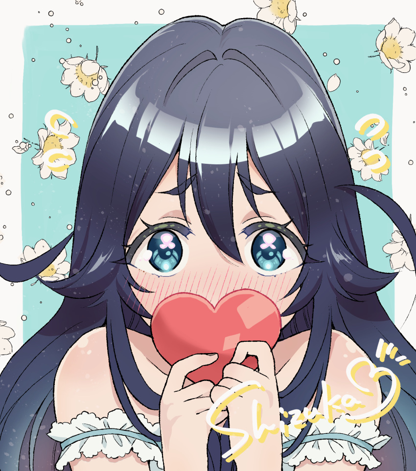 1girl blue_background blue_eyes blue_hair blush border colored_eyelashes covering_mouth english_commentary falling_petals flower hair_between_eyes heart highres holding holding_heart kimi_no_koto_ga_dai_dai_dai_dai_daisuki_na_100-nin_no_kanojo long_hair looking_at_viewer messy_hair petals simple_background solo white_border yoshimoto_shizuka yumemi_teer