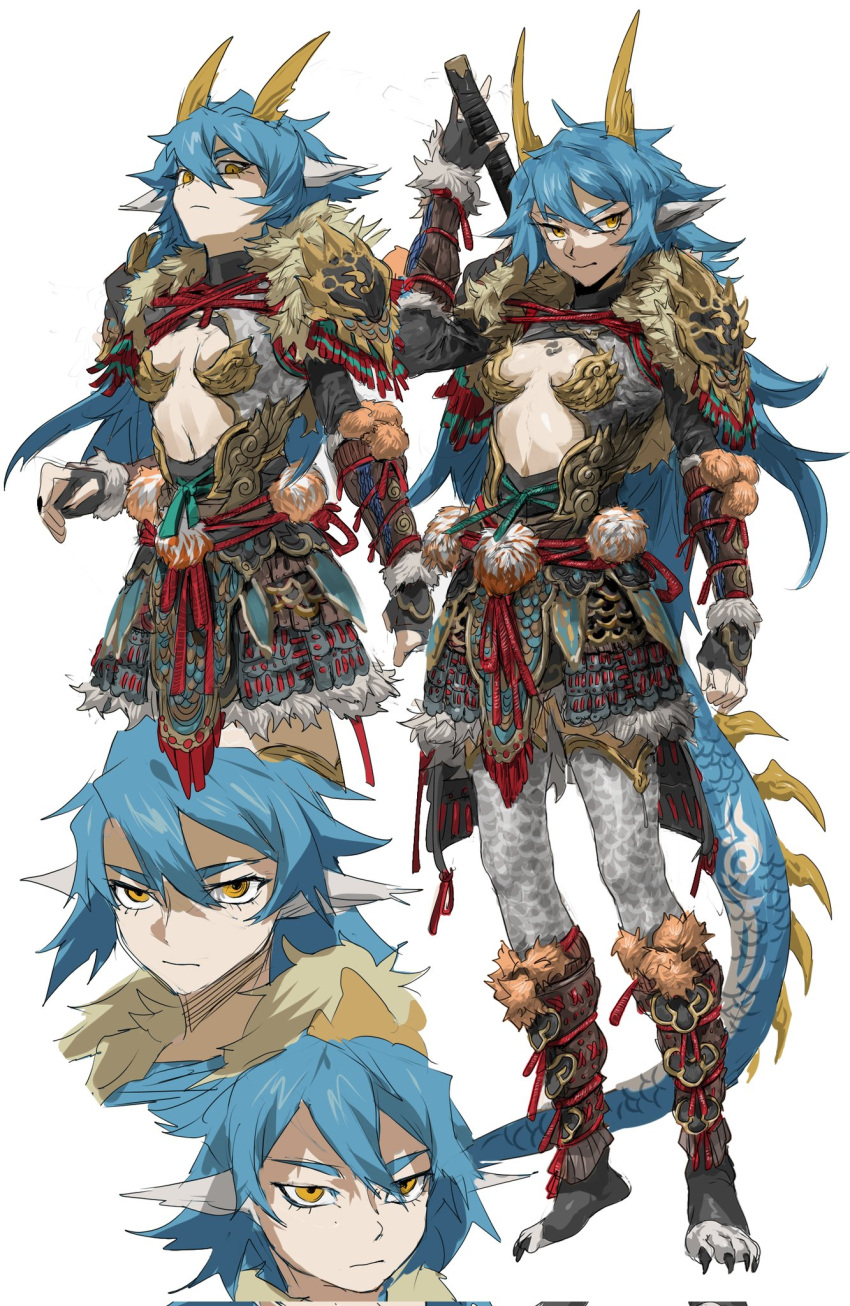 1girl arm_up armor bikini_armor black_gloves black_nails blue_hair chinese_commentary clothing_cutout commentary_request corrupted_twitter_file cropped_legs dragon_girl dragon_horns dragon_tail expressionless fingerless_gloves fingernails from_side full_body fur-trimmed_armor fur_trim gloves hair_between_eyes highres holding holding_sword holding_weapon horns japanese_armor katana kusazuri long_hair looking_at_viewer looking_to_the_side messy_hair mixed-language_commentary multiple_views original pauldrons pointy_ears pom_pom_(clothes) scales sharp_fingernails shin_guards shoulder_armor simple_background spiked_tail standing stomach_cutout sword tail tassel toeless_footwear vambraces weapon white_background xiaopizi32439 yellow_eyes